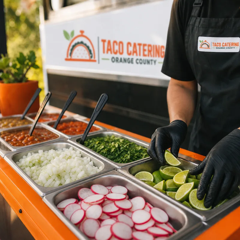 Fresh taco toppings and salsa station with onion, cilantro, radishes, limes, and multiple salsas