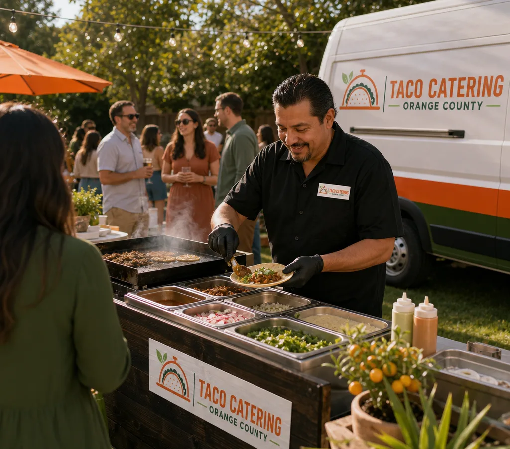 Outdoor Orange County party with a catering team serving tacos from a portable grill and prep station