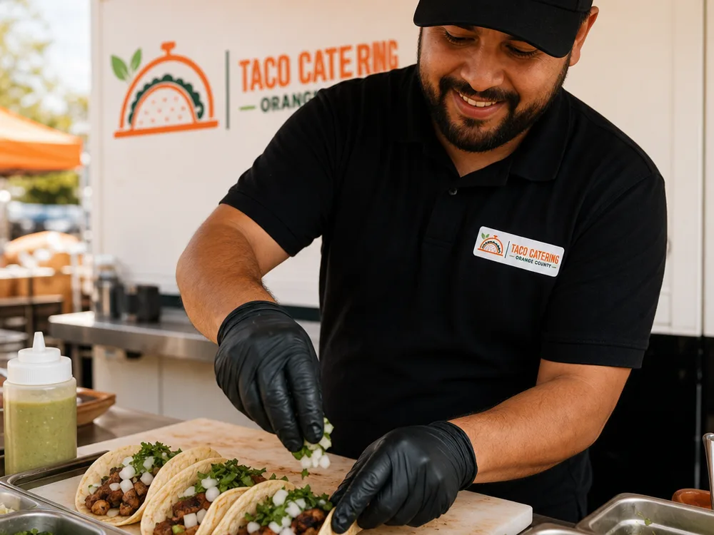Tacos being assembled on-site with warm tortillas, grilled protein, chopped onion, cilantro, salsa, and limes