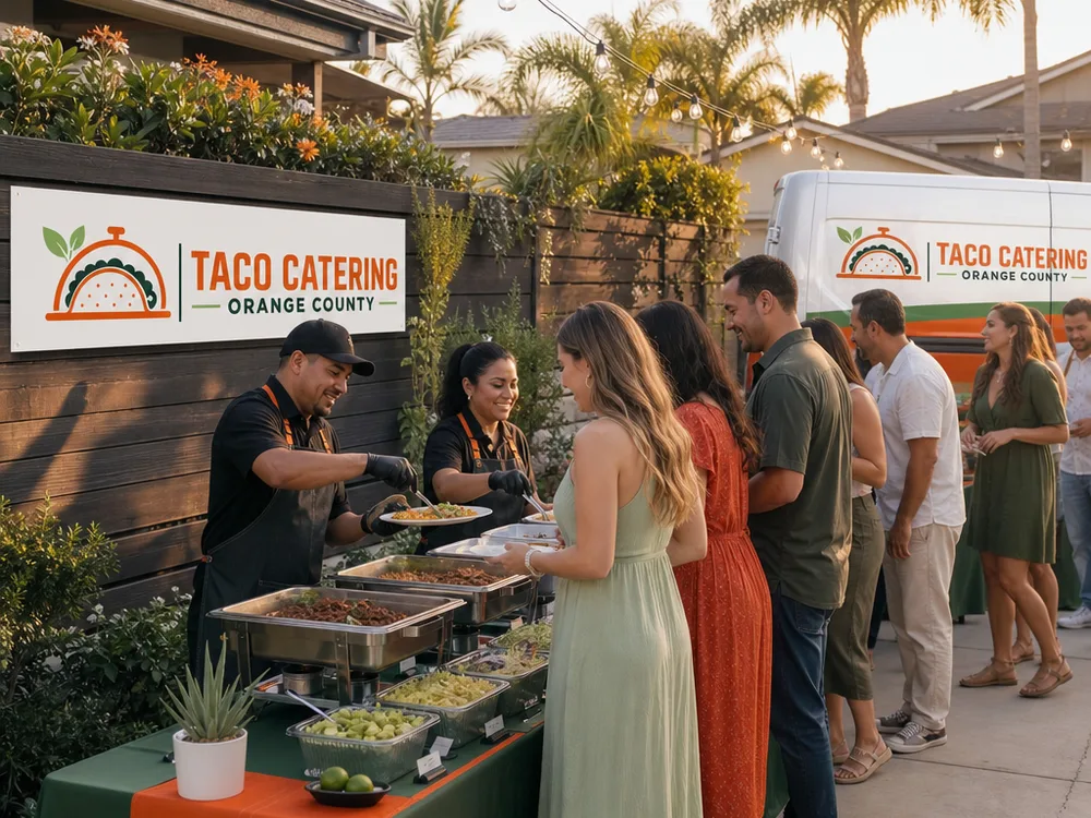 Backyard taco catering station with serving line, salsas, and guests queued neatly
