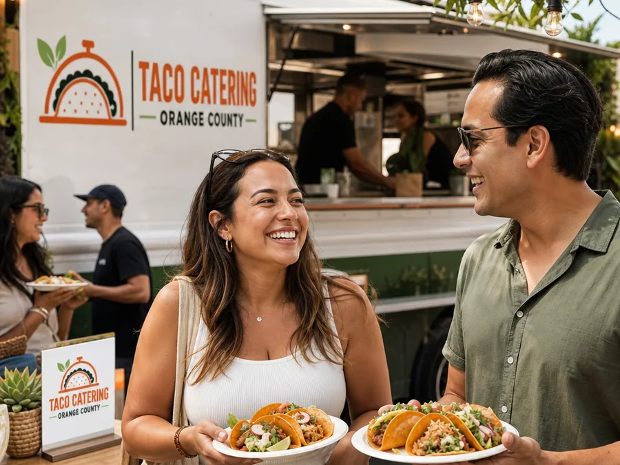 Guests smiling with plates of tacos near the serving area at a daytime event