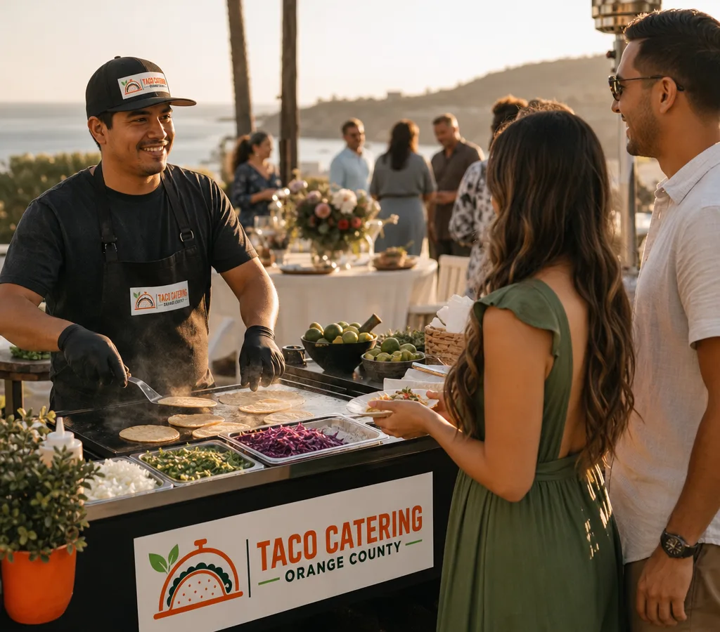 A taco guy serving guests from a compact onsite taco station at an Orange County outdoor party