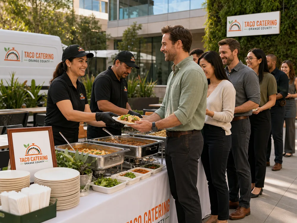 Corporate lunch taco catering setup in an office courtyard with staff serving efficiently