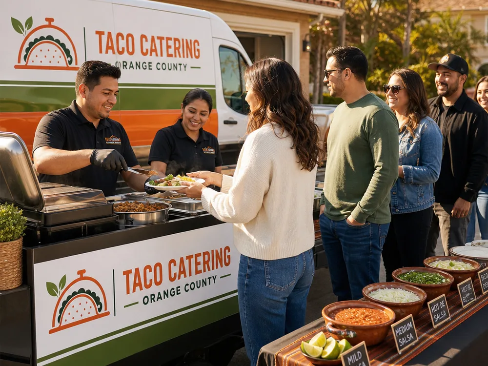 A compact taco station set up in a residential driveway with a clear guest line and toppings table