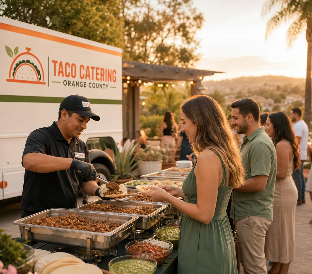 Outdoor Orange County backyard gathering with a staffed taco bar serving warm tortillas, proteins, salsas, and toppings