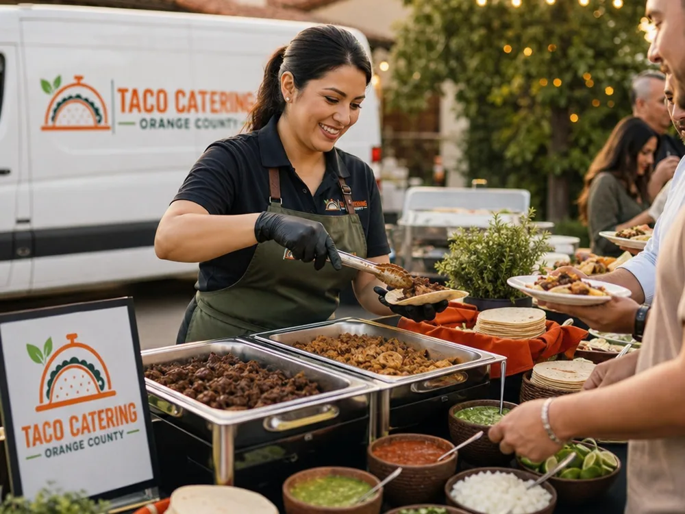Taco bar service table with hot proteins, warm tortillas, labeled salsas, onion, cilantro, limes, and serving utensils