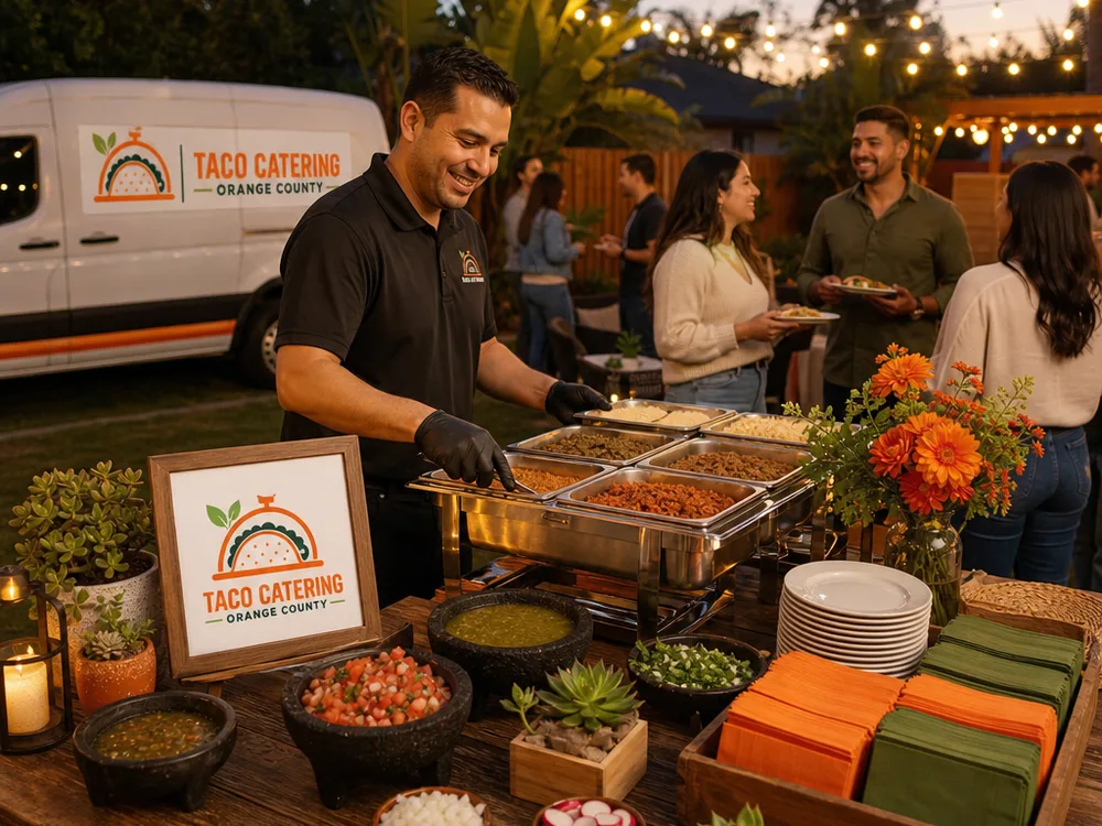 Backyard birthday taco bar at dusk with string lights, warming chafers, salsa station, plates, and napkins