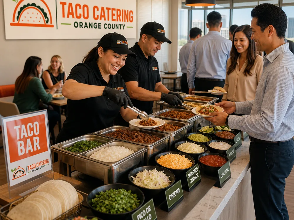 Corporate lunch taco bar in an Orange County office with labeled toppings, clear line flow, and staff serving hot proteins