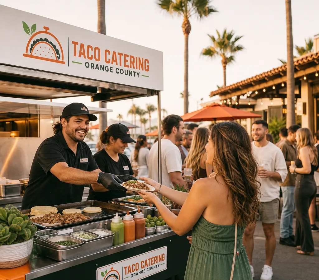 Outdoor Orange County event with a staffed taco cart serving fresh tacos, salsas, and toppings
