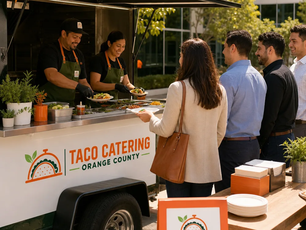 Corporate courtyard taco cart lunch with an orderly queue and staff plating tacos quickly