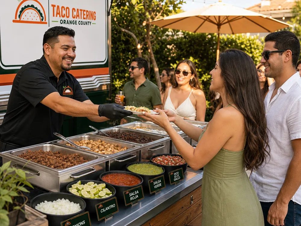 Daytime backyard taco cart with a compact serving line and neatly arranged salsas and toppings
