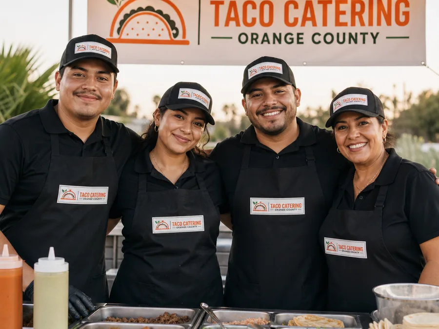 Taco Catering Orange County team beside a clean on-site taco setup